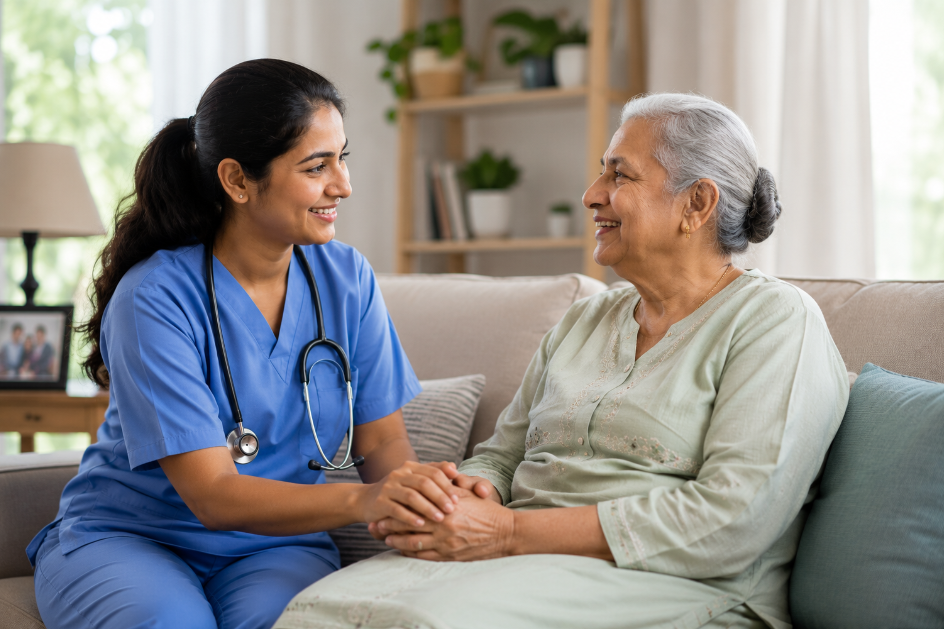 Indian female nurse providing compassionate geriatric care and emotional support to an elderly Indian woman at home.