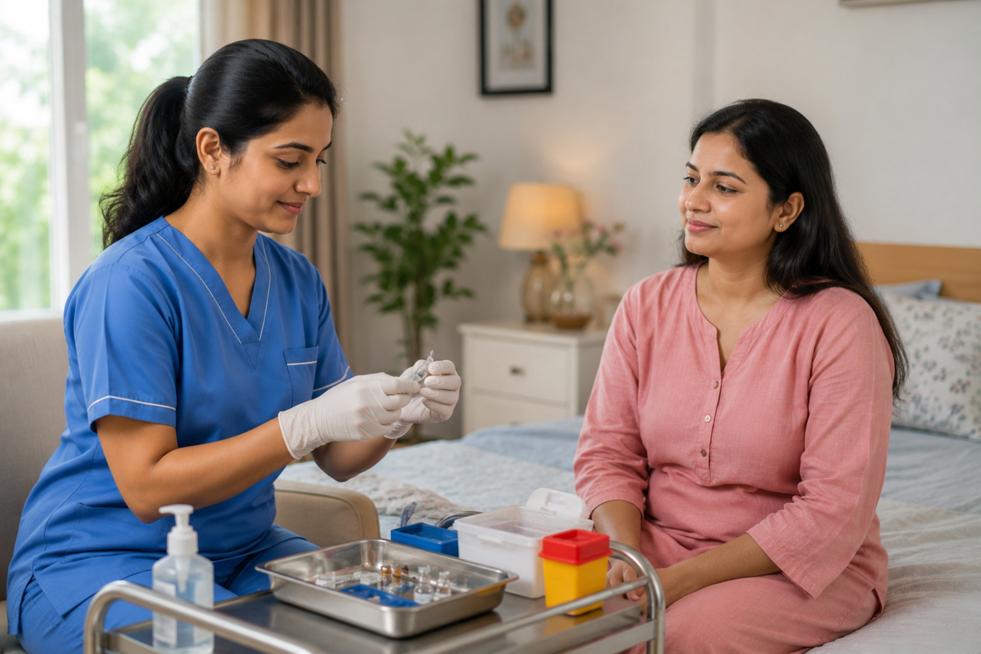 Qualified Indian nurse preparing prescribed IVF injection supplies for a patient at home.