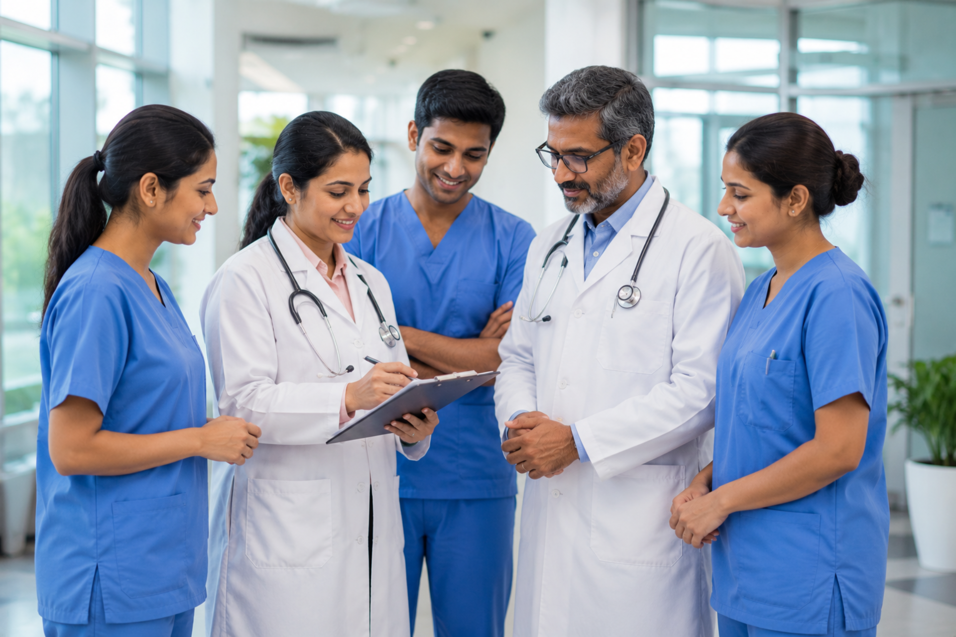 Team of Indian doctors and nurses collaborating to provide professional and coordinated healthcare services.
