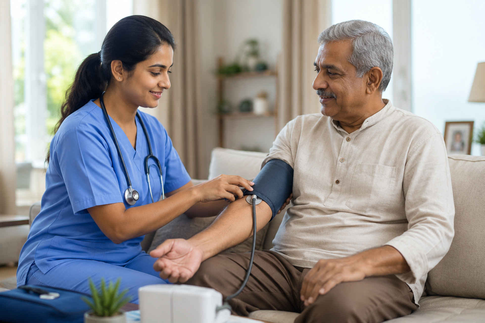 Indian female nurse providing professional home healthcare and checking an elderly patient's blood pressure at home.